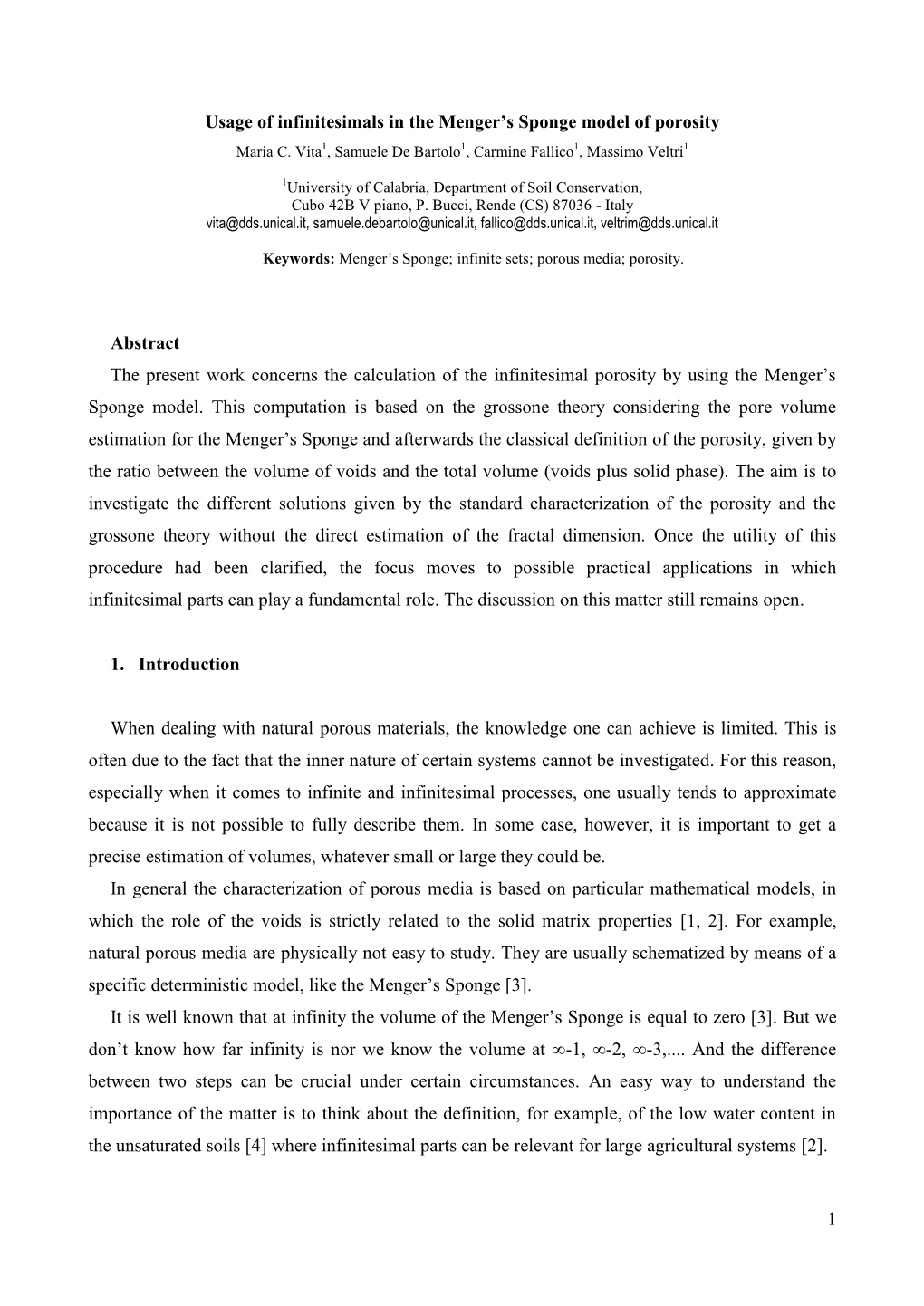 1 Usage of Infinitesimals in the Menger's Sponge Model of Porosity