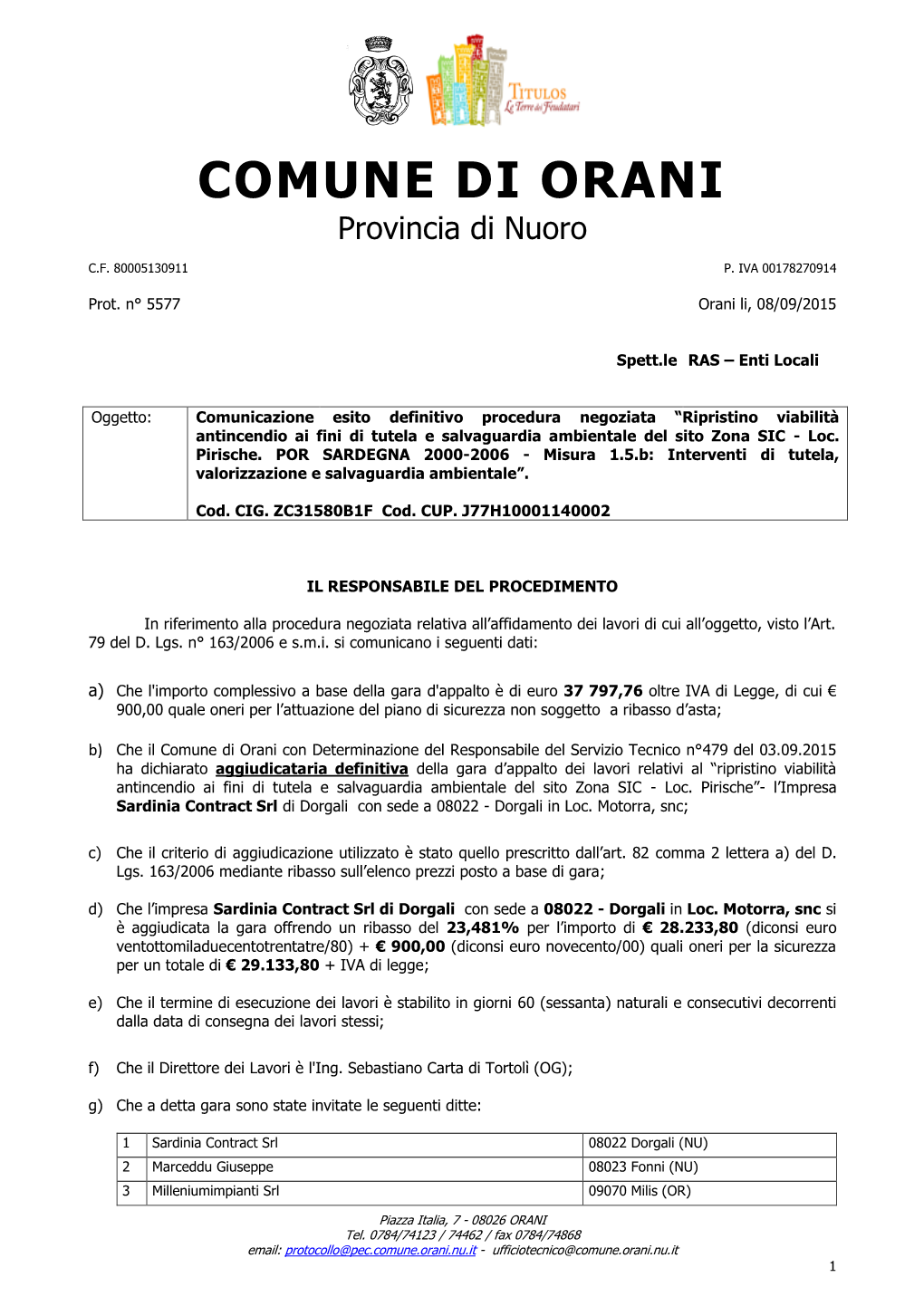 COMUNE DI ORANI Provincia Di Nuoro