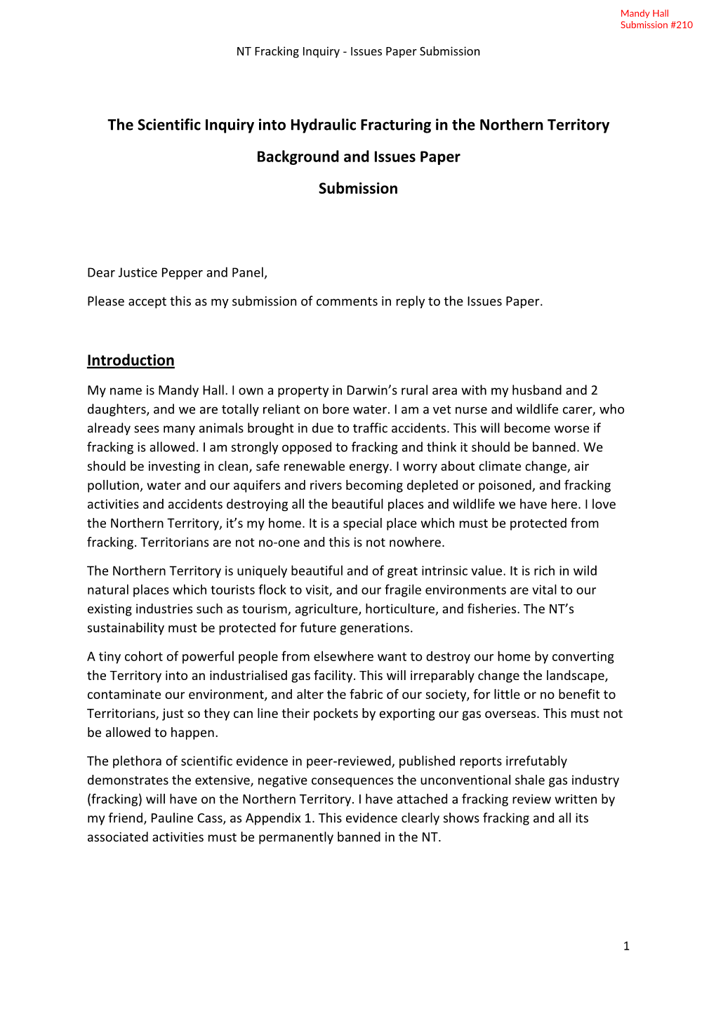 The Scientific Inquiry Into Hydraulic Fracturing in the Northern Territory Background and Issues Paper Submission Introduction