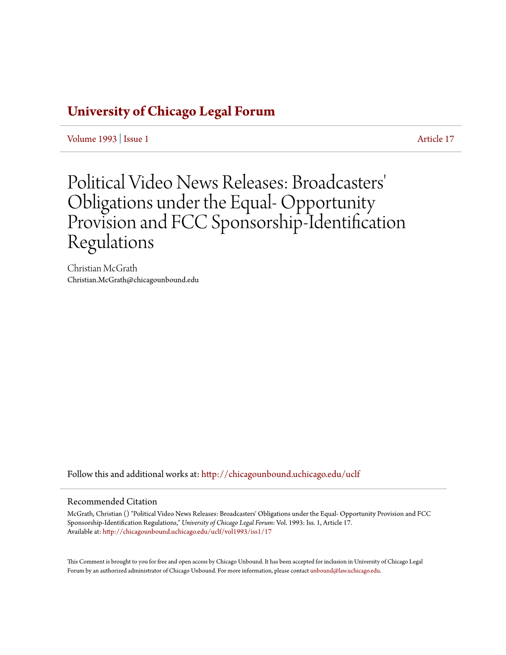 Political Video News Releases: Broadcasters' Obligations Under The