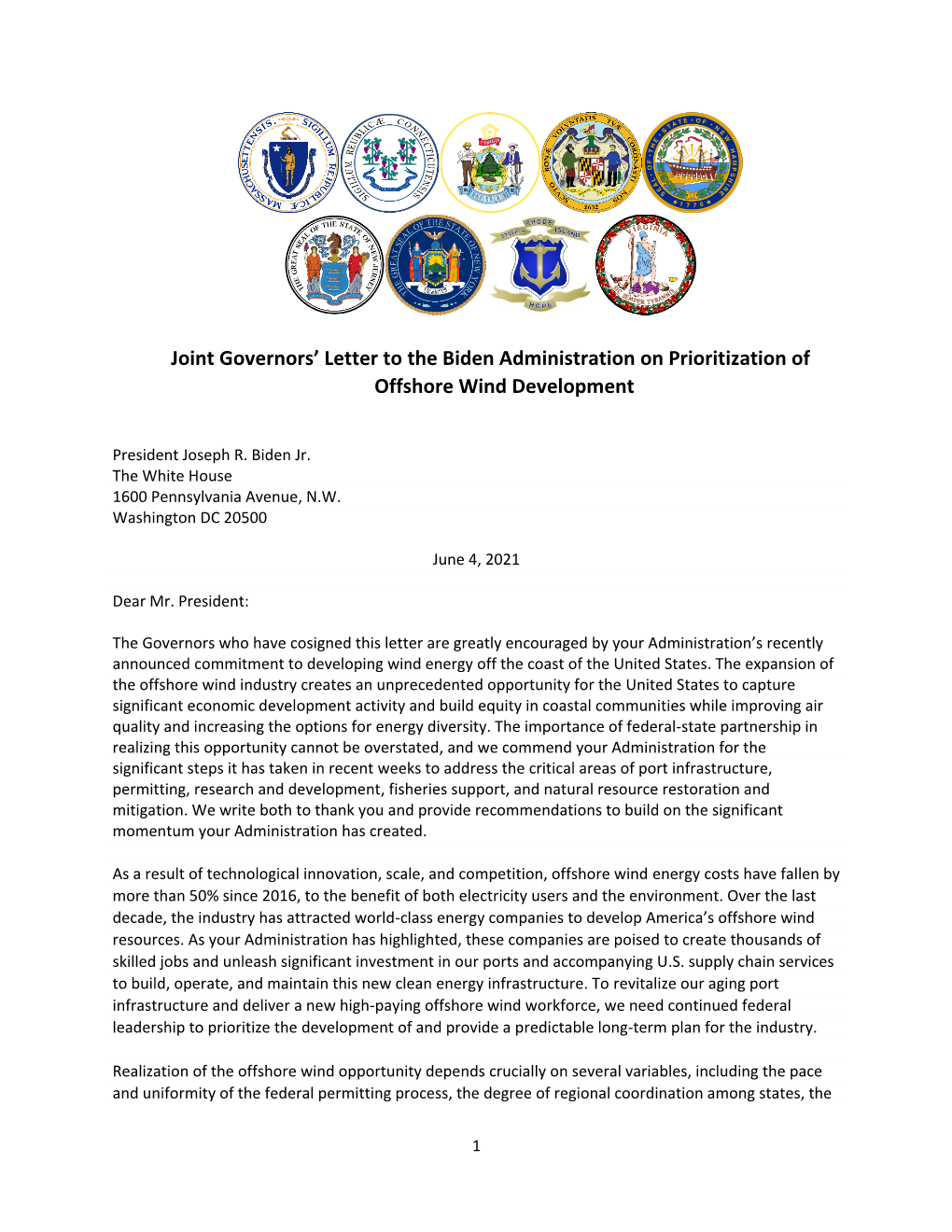 Joint Governors' Letter to the Biden Administration on Prioritization Of