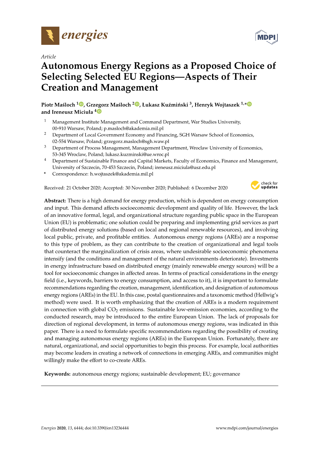 Autonomous Energy Regions As a Proposed Choice of Selecting Selected EU Regions—Aspects of Their Creation and Management