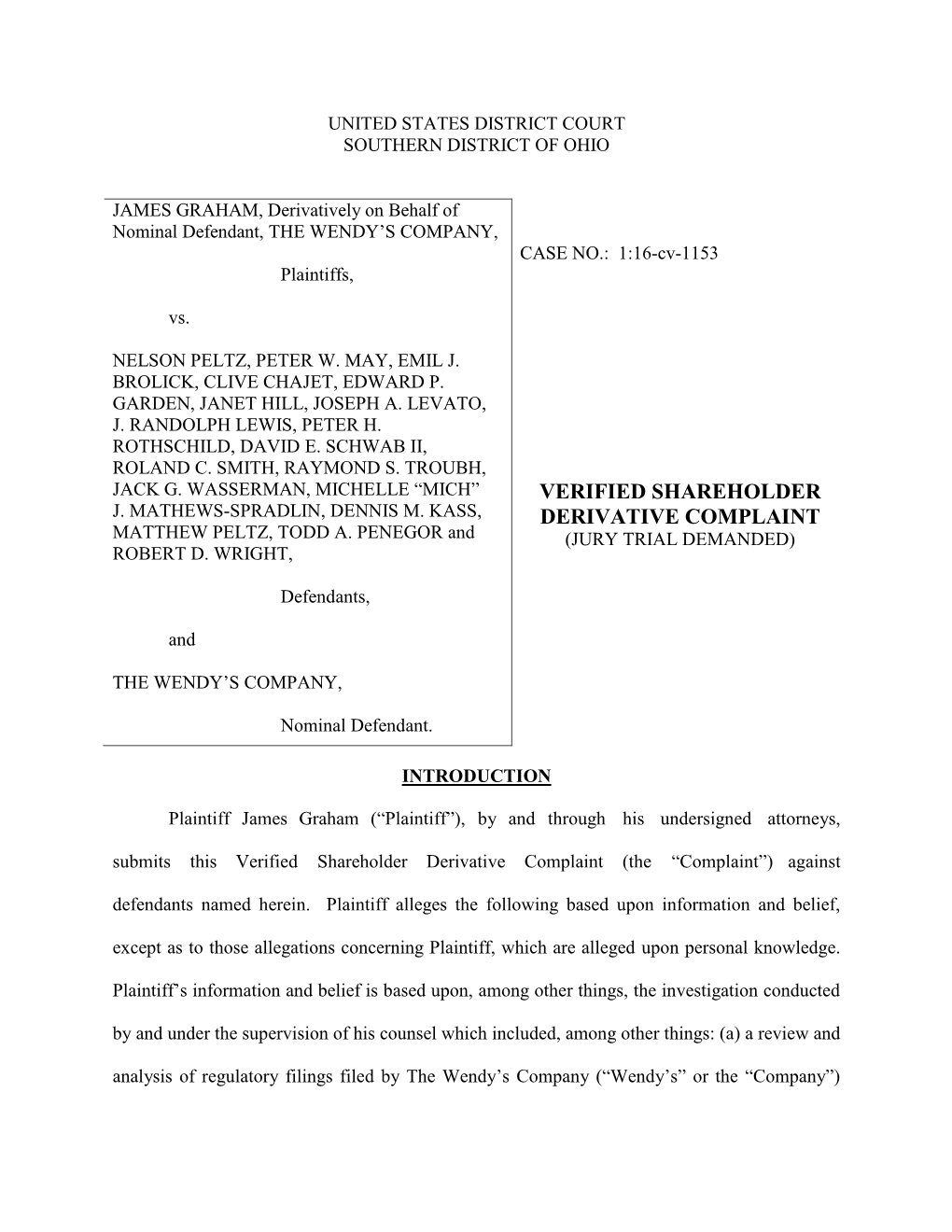 Verified Shareholder Derivative Complaint (The “Complaint”) Against Defendants Named Herein