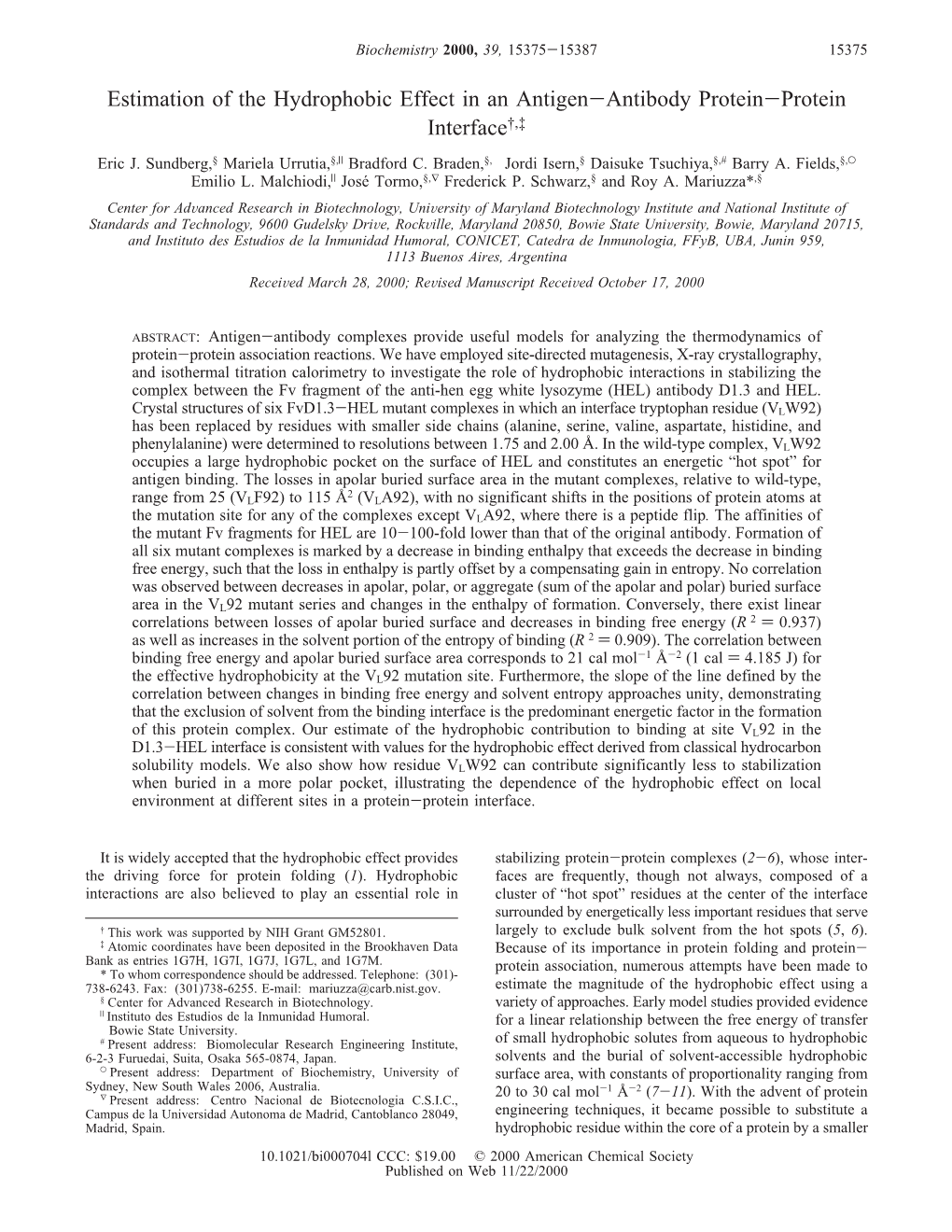 Estimation of the Hydrophobic Effect in an Antigen-Antibody Protein-Protein Interface†,‡ Eric J