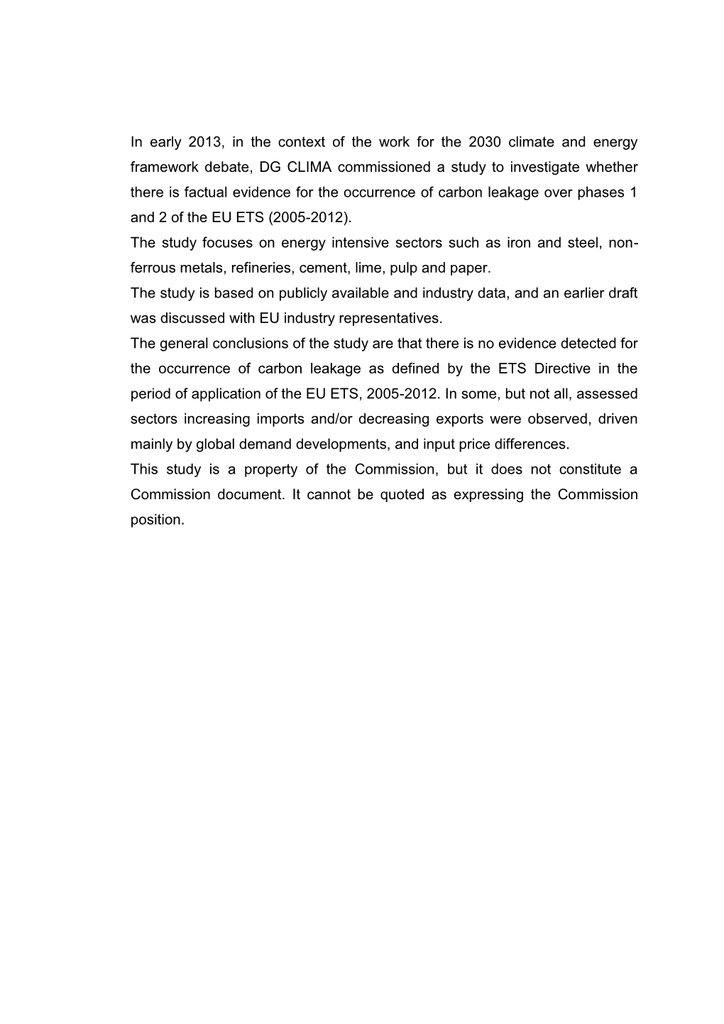 Carbon Leakage Evidence Project Factsheets for Selected Sectors