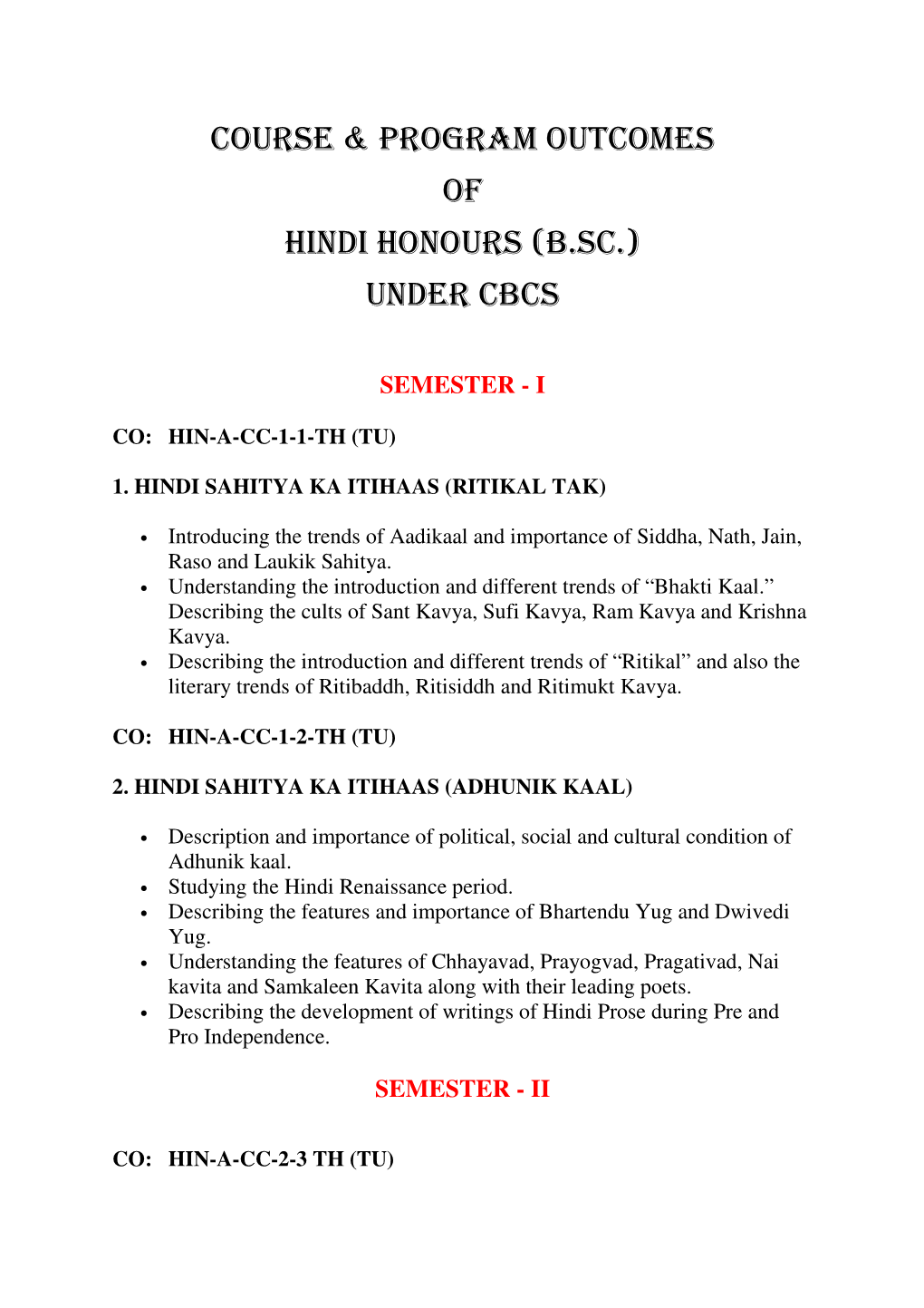 Course & Program Outcomes of Hindi Honours (B.Sc.)