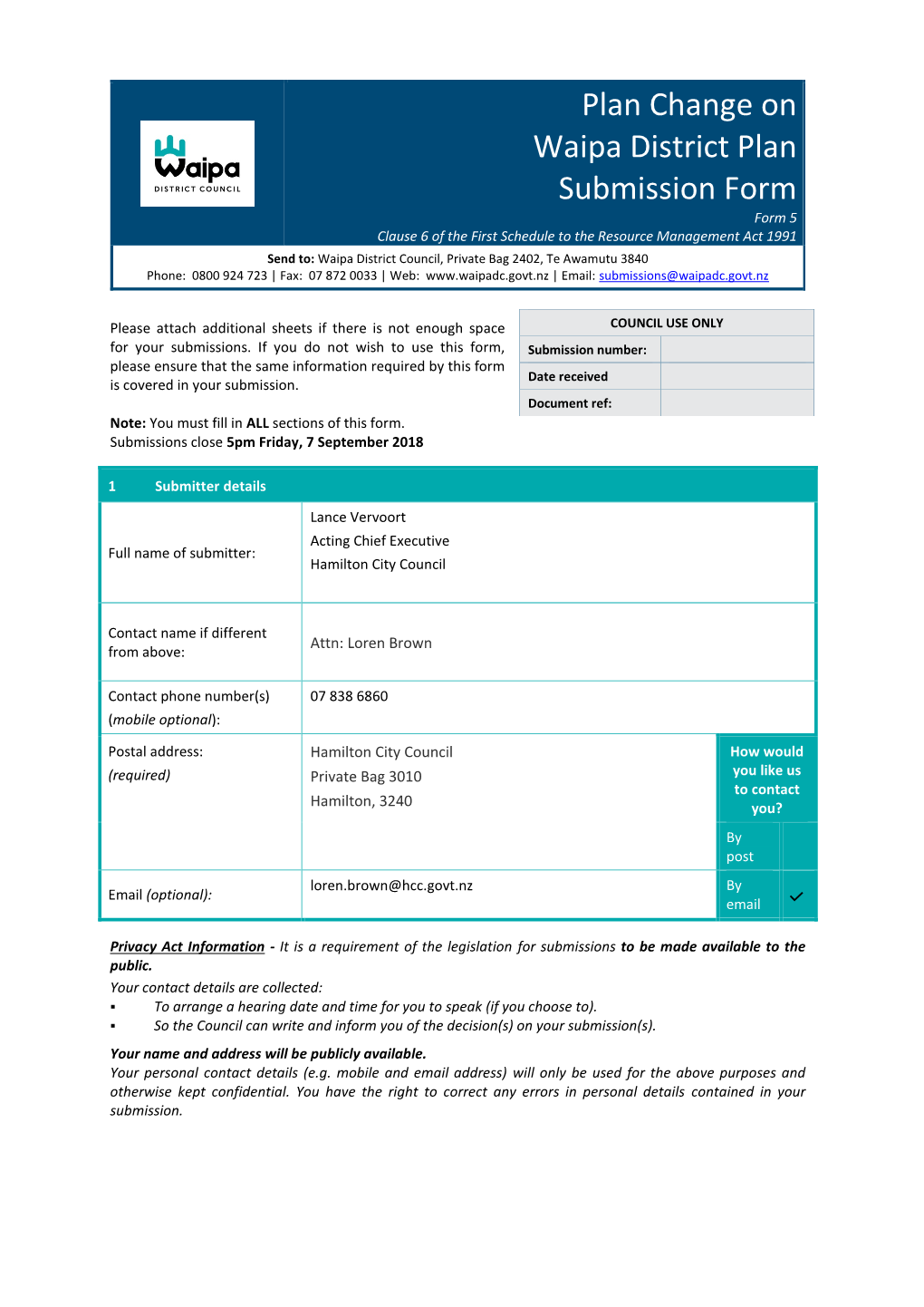 Plan Change on Waipa District Plan Submission Form