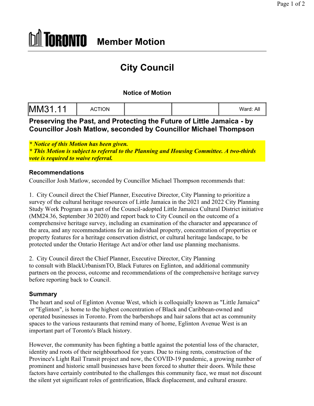 Member Motion City Council MM31.11