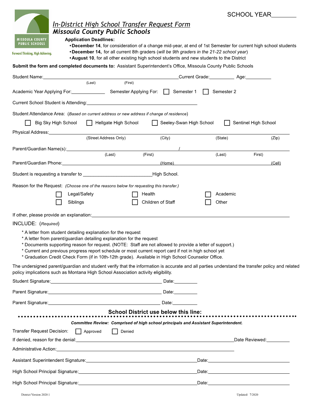 In-District High School Transfer Request Form