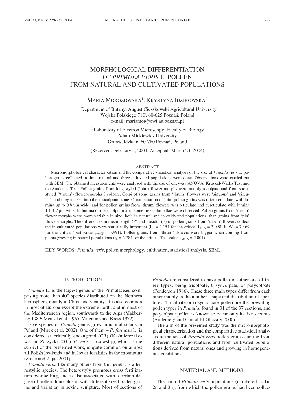 Morphological Differentiation of Primula Veris L