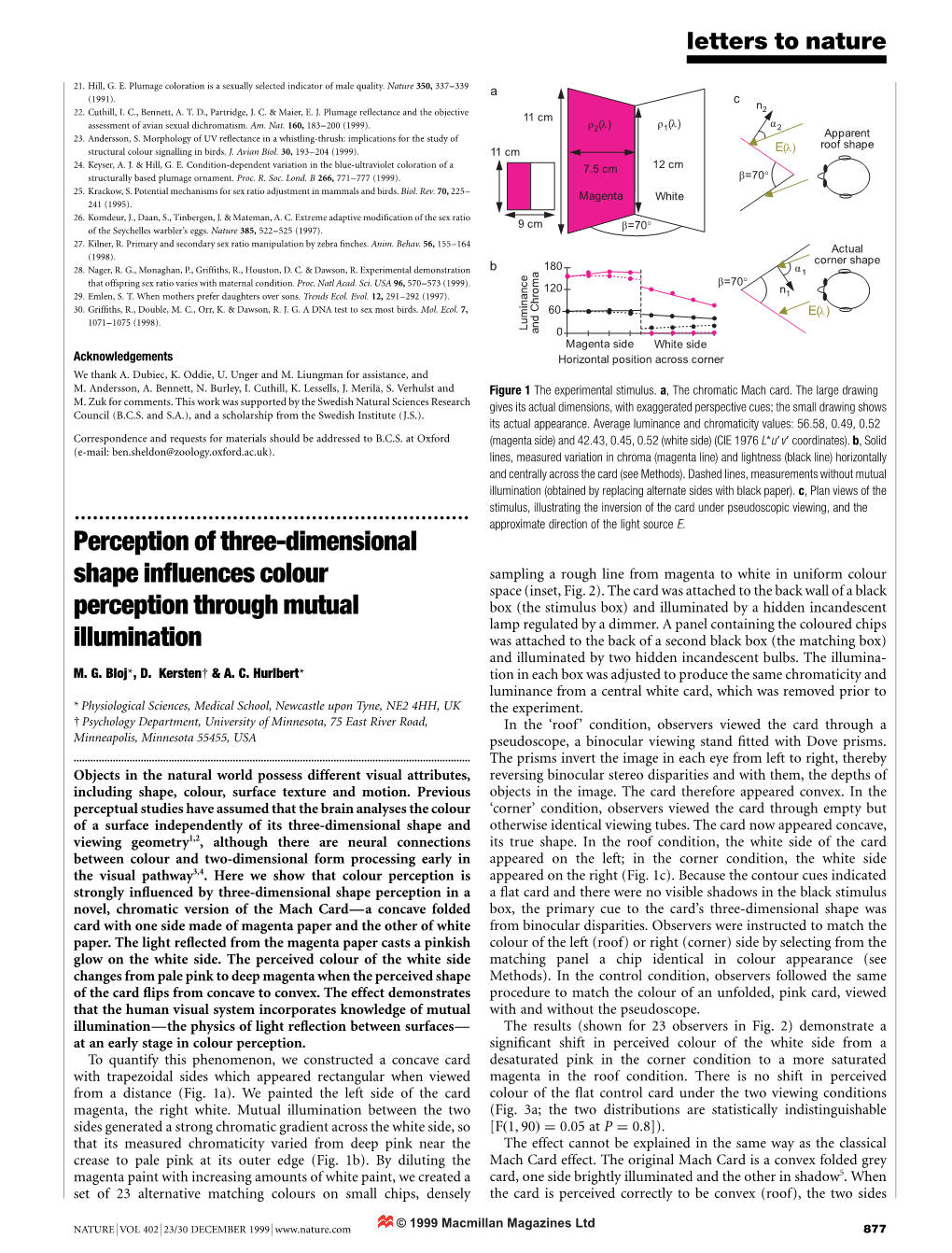 Perception of Three-Dimensional Shape In¯Uences Colour Perception