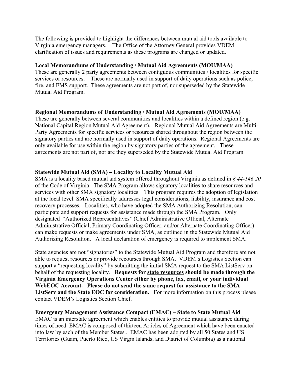 Local Memorandums of Understanding / Mutual Aid Agreements (MOU/MAA)