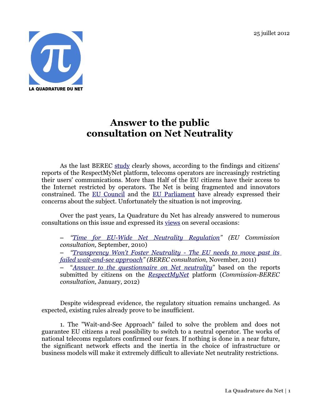 Response by La Quadrature Du Net to BEREC 2012 Public Consultation On