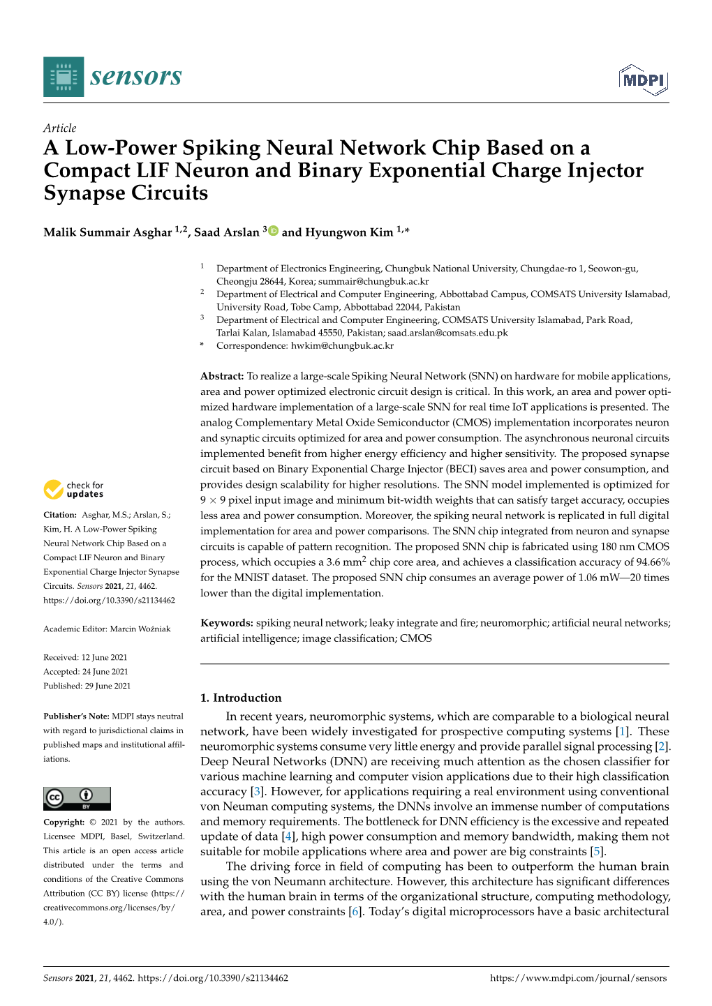 A Low-Power Spiking Neural Network Chip Based on a Compact LIF Neuron and Binary Exponential Charge Injector Synapse Circuits