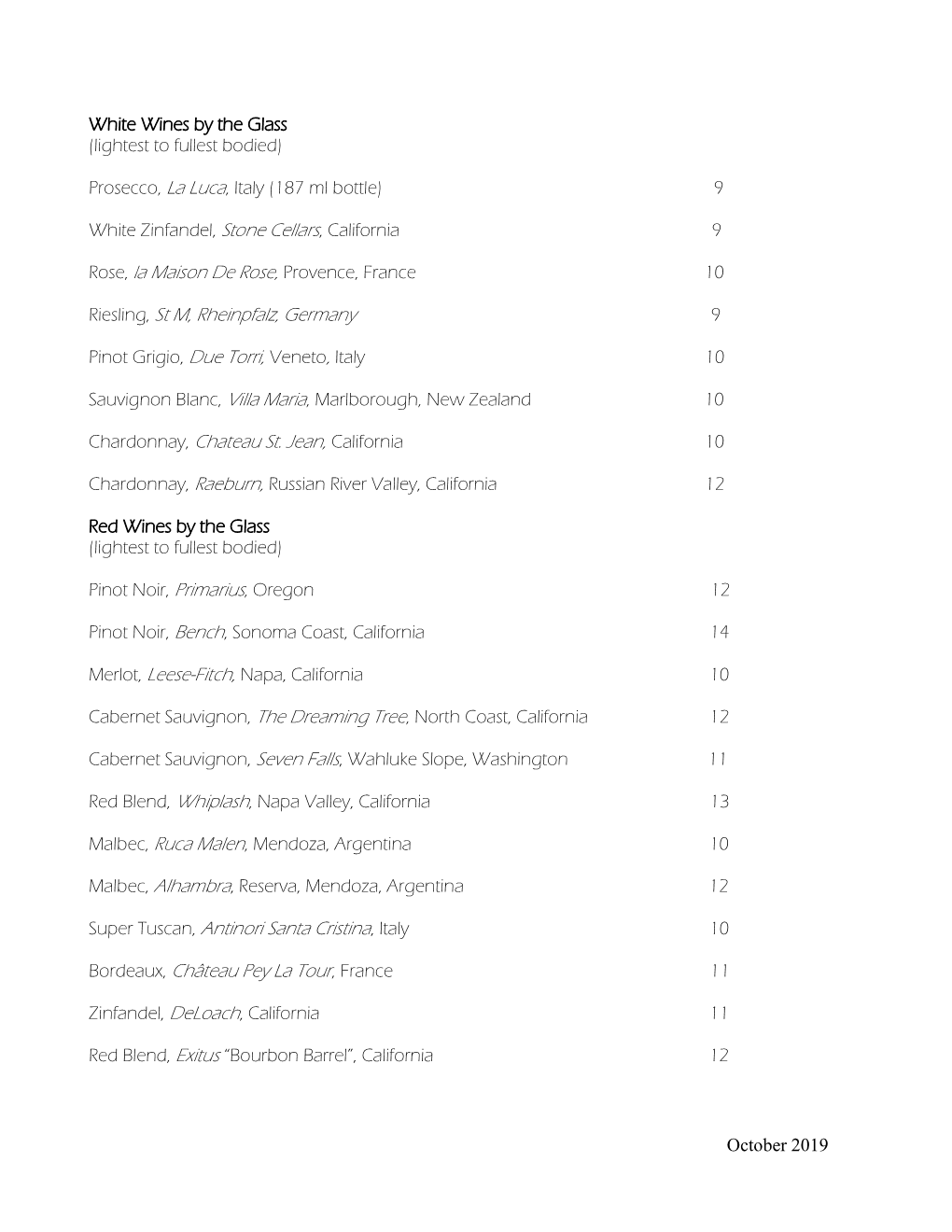 Riesling, St M, Rheinpfalz, Germany Chardonnay, Chateau St. Jean, California Super Tuscan, Antinori Santa Cristina, Italy Bo