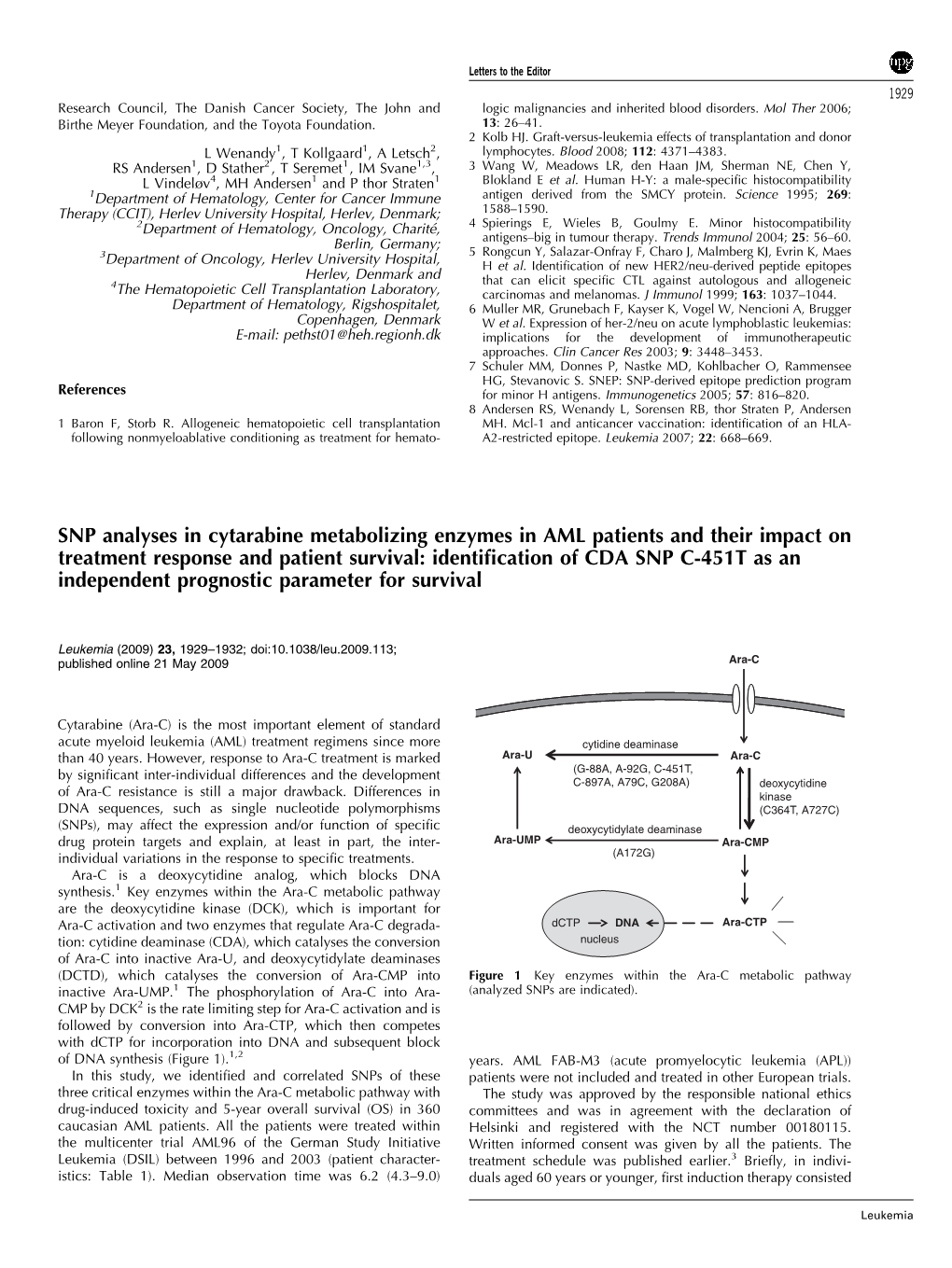 SNP Analyses in Cytarabine Metabolizing Enzymes In