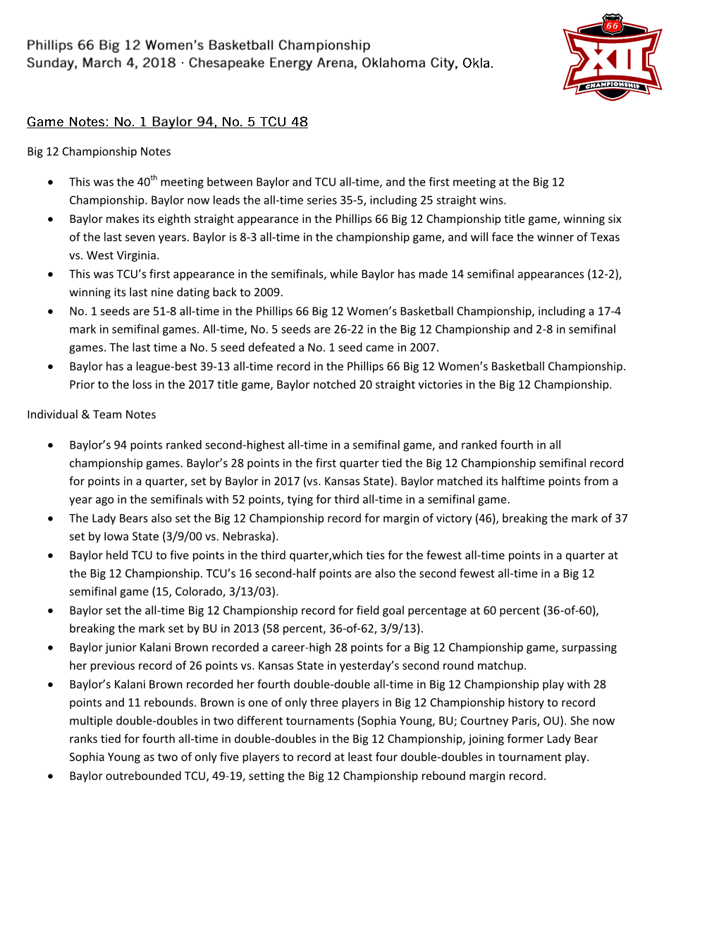 Big 12 Championship Notes • This Was the 40Th Meeting Between