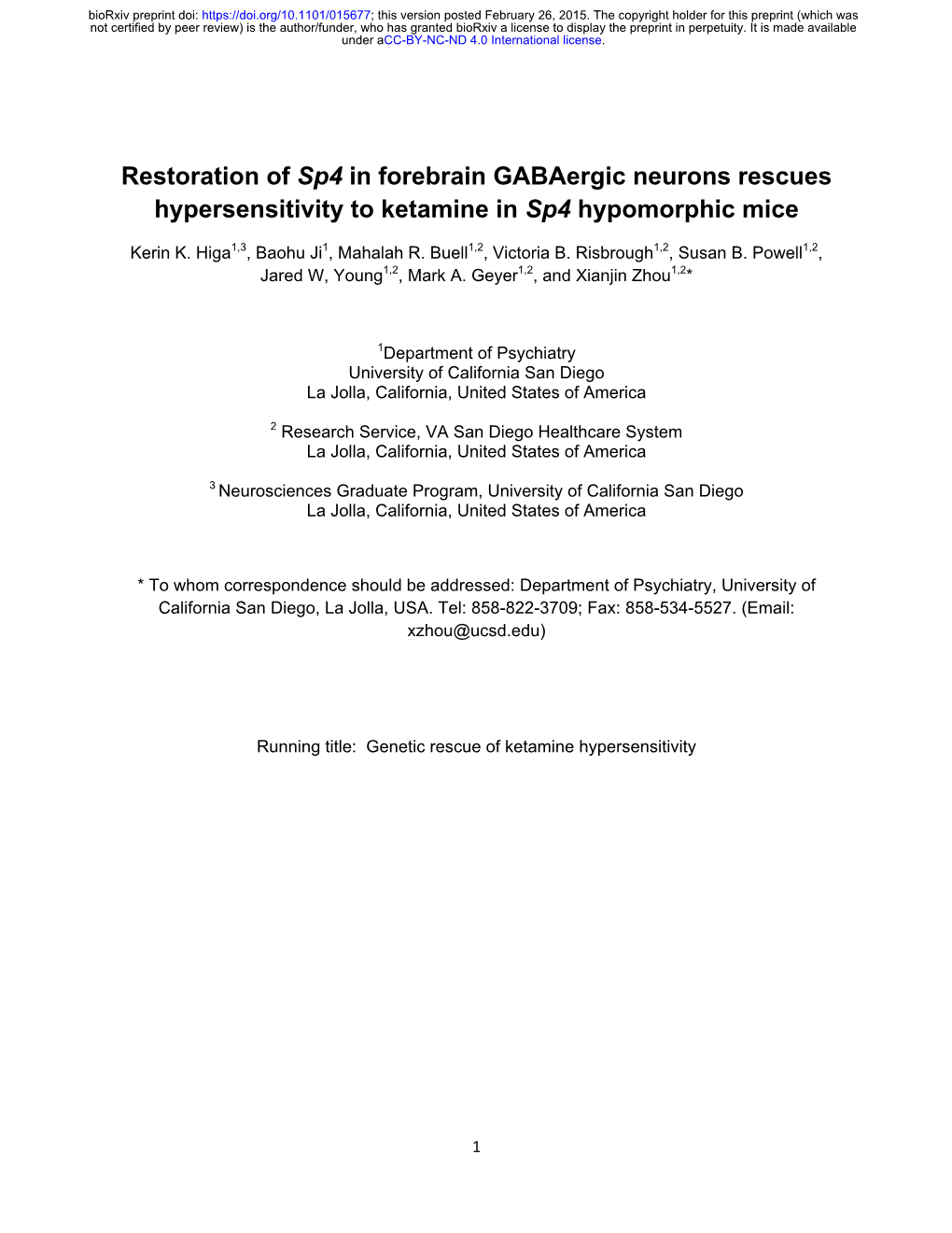Restoration of Sp4 in Forebrain Gabaergic Neurons Rescues Hypersensitivity to Ketamine in Sp4 Hypomorphic Mice
