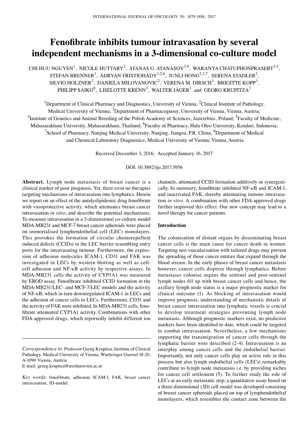 Fenofibrate Inhibits Tumour Intravasation by Several Independent Mechanisms in a 3-Dimensional Co-Culture Model