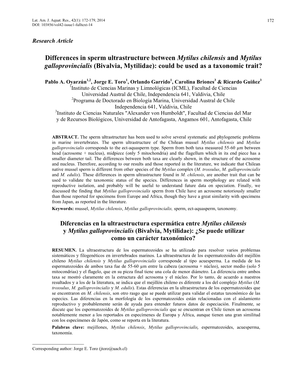 Differences in Sperm Ultrastructure Between Mytilus Chilensis and Mytilus Galloprovincialis (Bivalvia, Mytilidae): Could Be Used As a Taxonomic Trait?