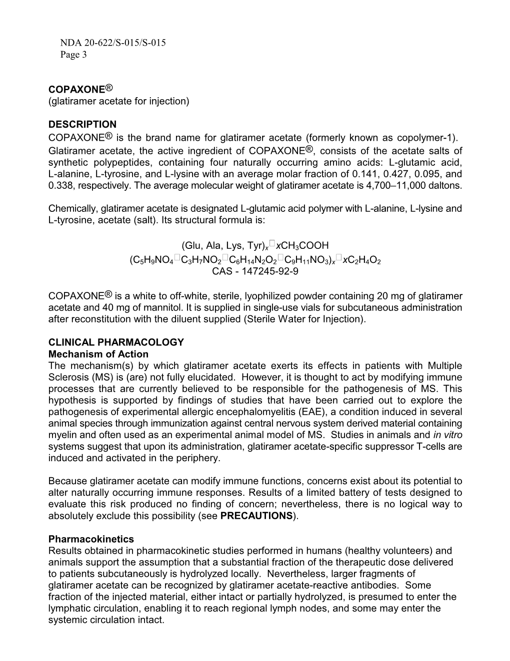 NDA 20-622/S-015/S-015 Page 3 COPAXONE® (Glatiramer Acetate