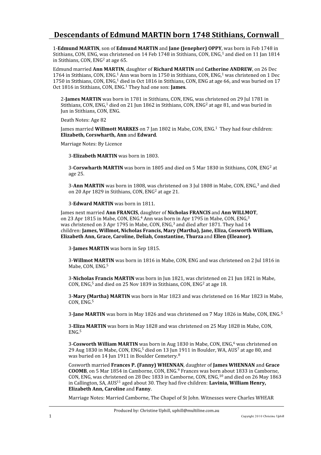 Descendants of Edmund MARTIN Born 1748 Stithians, Cornwall