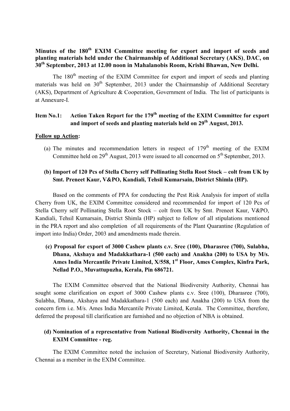 Minutes of the 180Th EXIM Committee Meeting for Export and Import Of