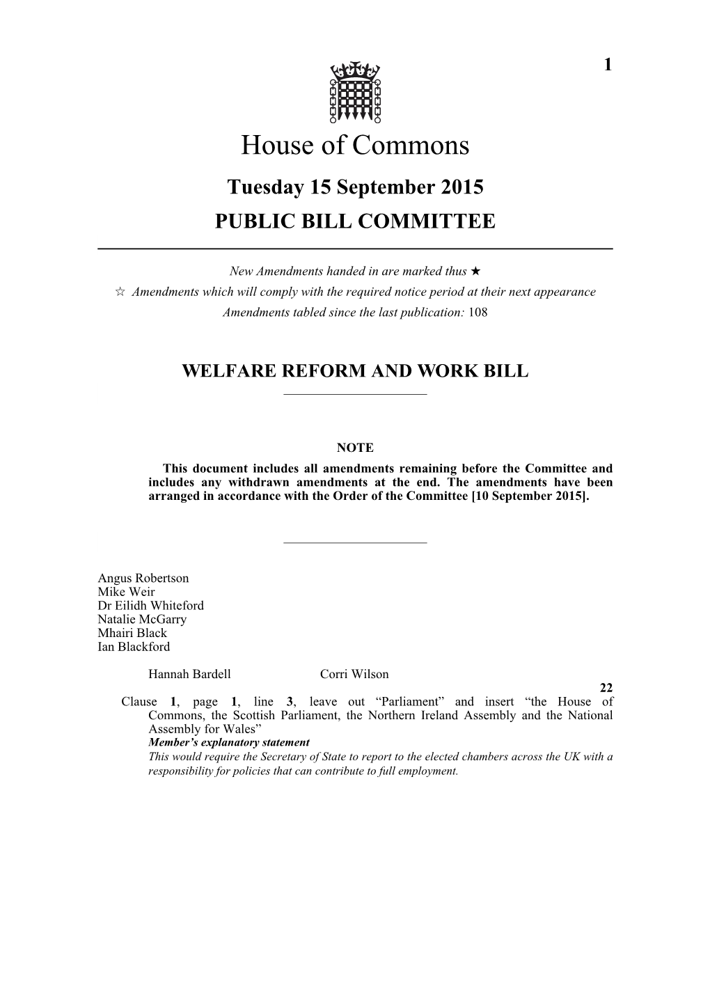 Welfare Reform and Work Bill