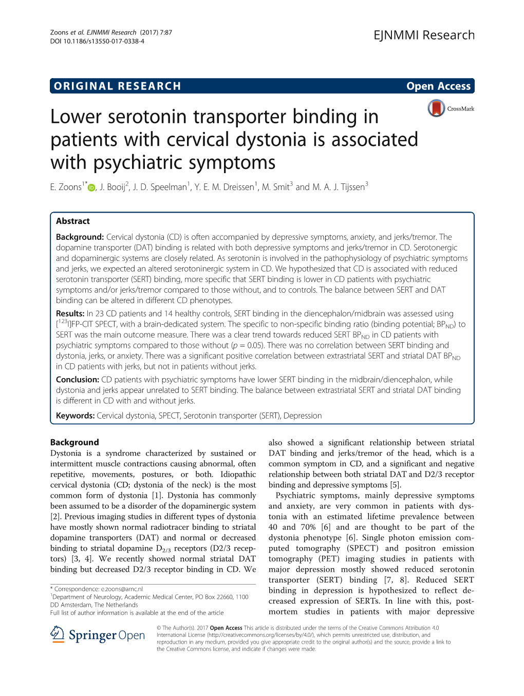 Lower Serotonin Transporter Binding in Patients with Cervical Dystonia Is Associated with Psychiatric Symptoms E