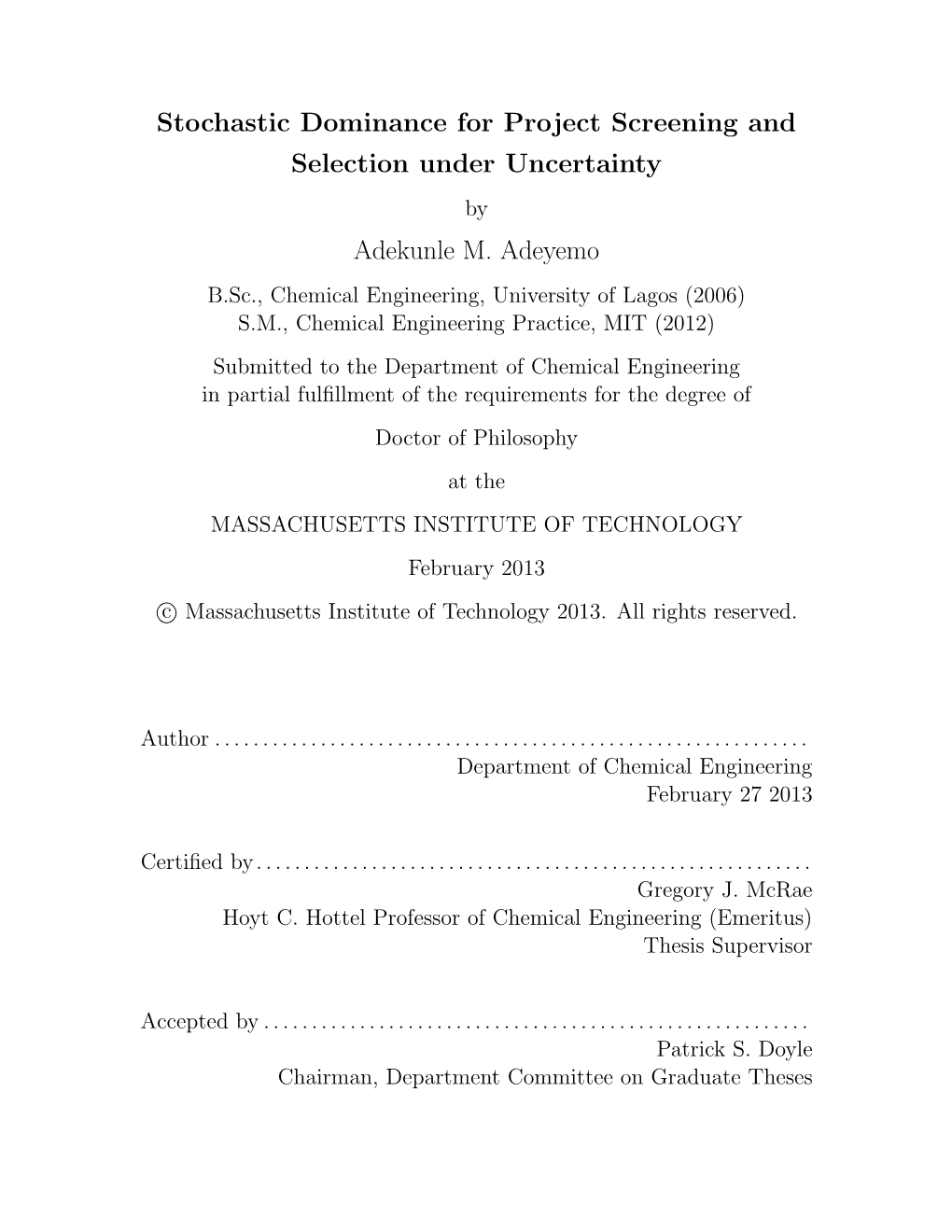 Stochastic Dominance for Project Screening and Selection Under Uncertainty by Adekunle M