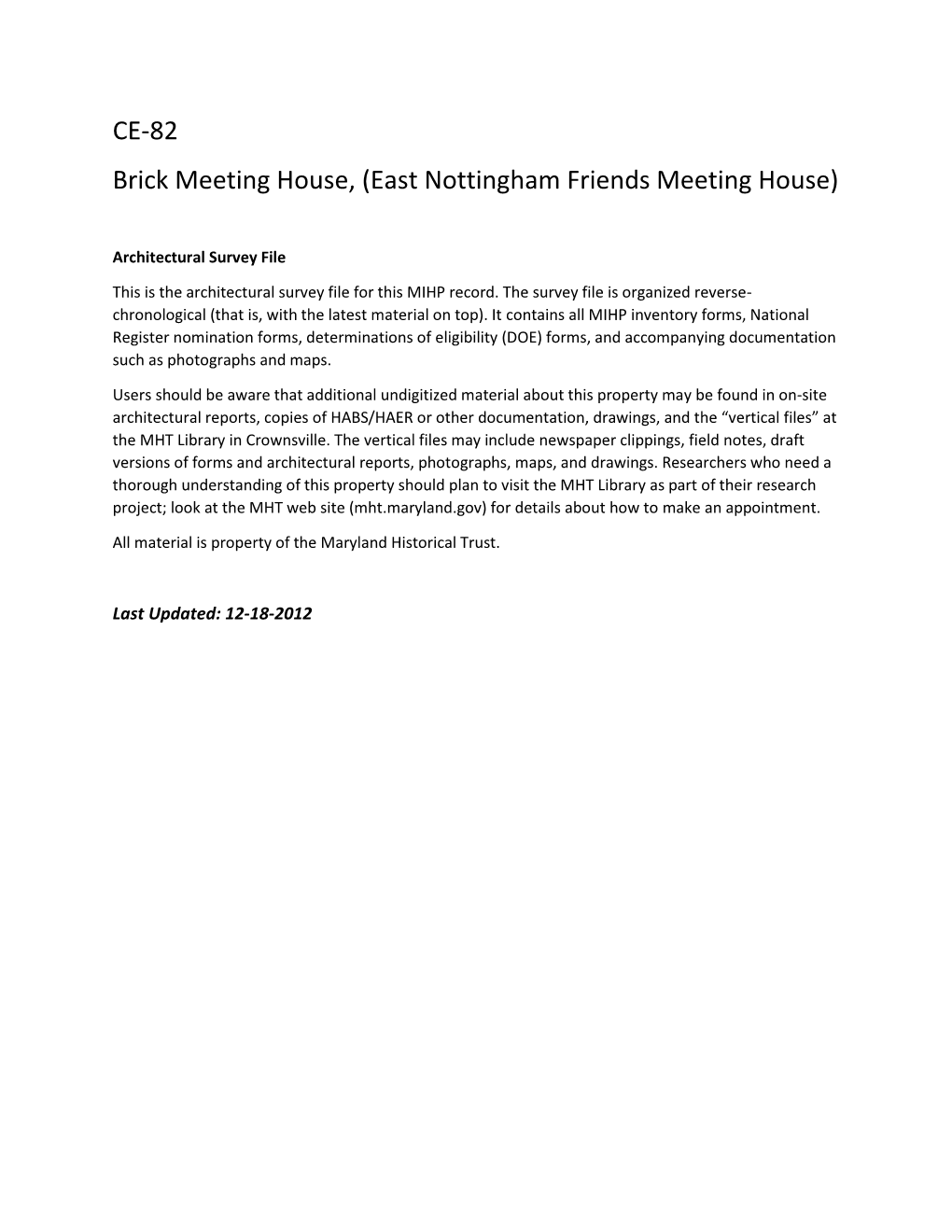 CE-82 Brick Meeting House, (East Nottingham Friends Meeting House)