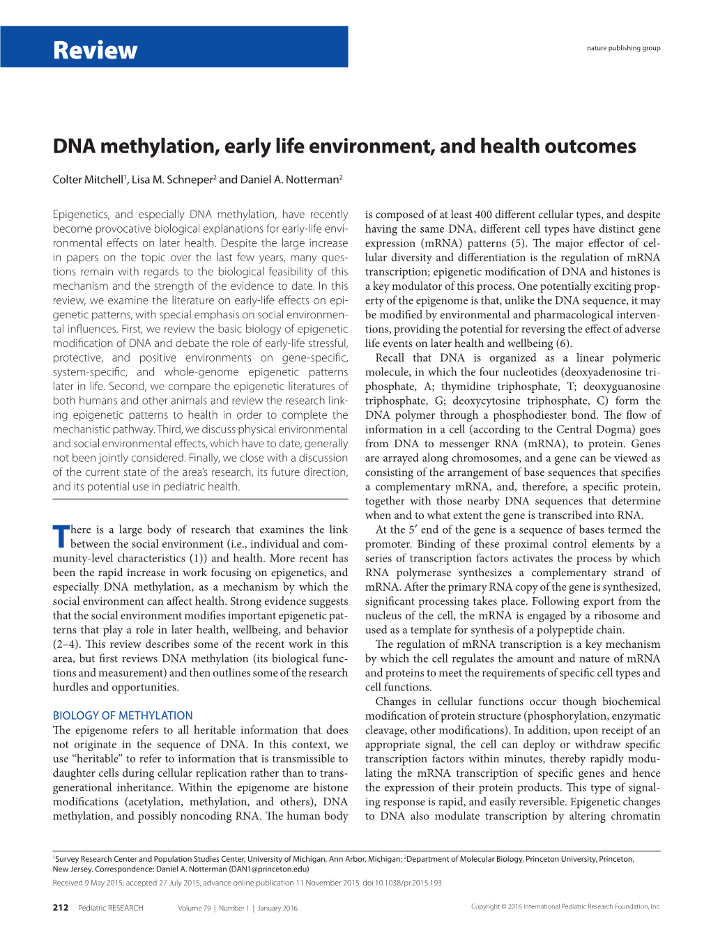 DNA Methylation, Early Life Environment, and Health Outcomes