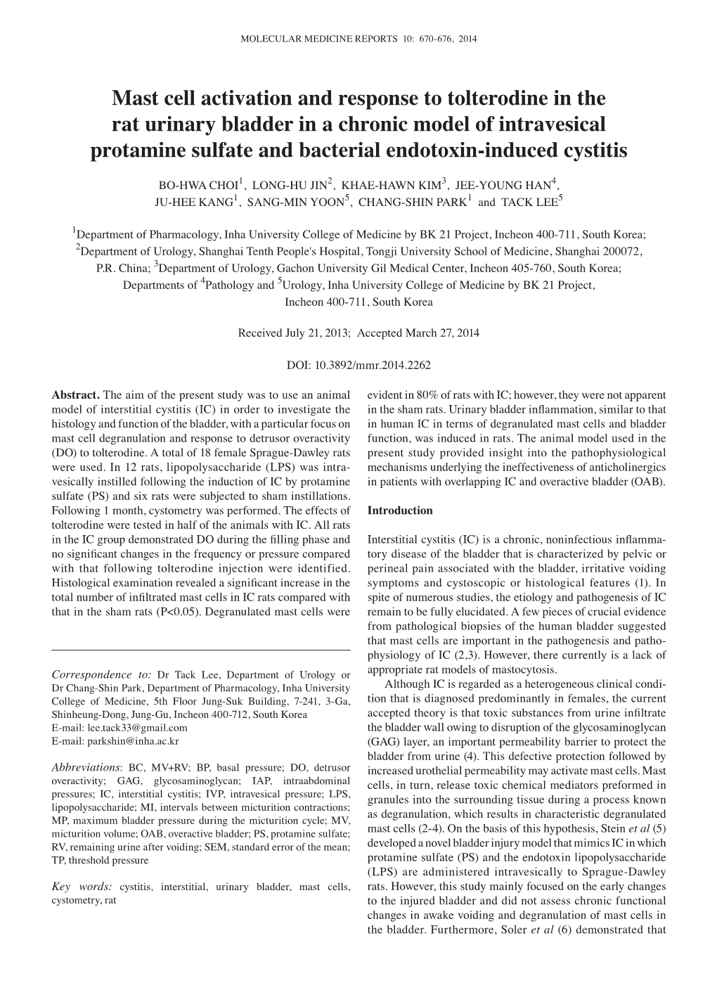 Mast Cell Activation and Response to Tolterodine in the Rat Urinary Bladder