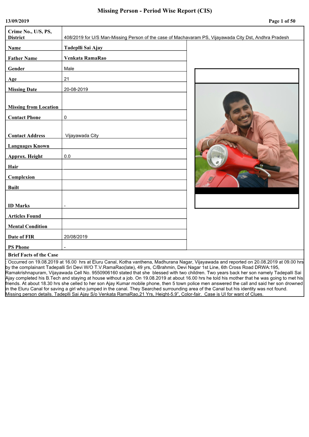 Missing Person - Period Wise Report (CIS) 13/09/2019 Page 1 of 50