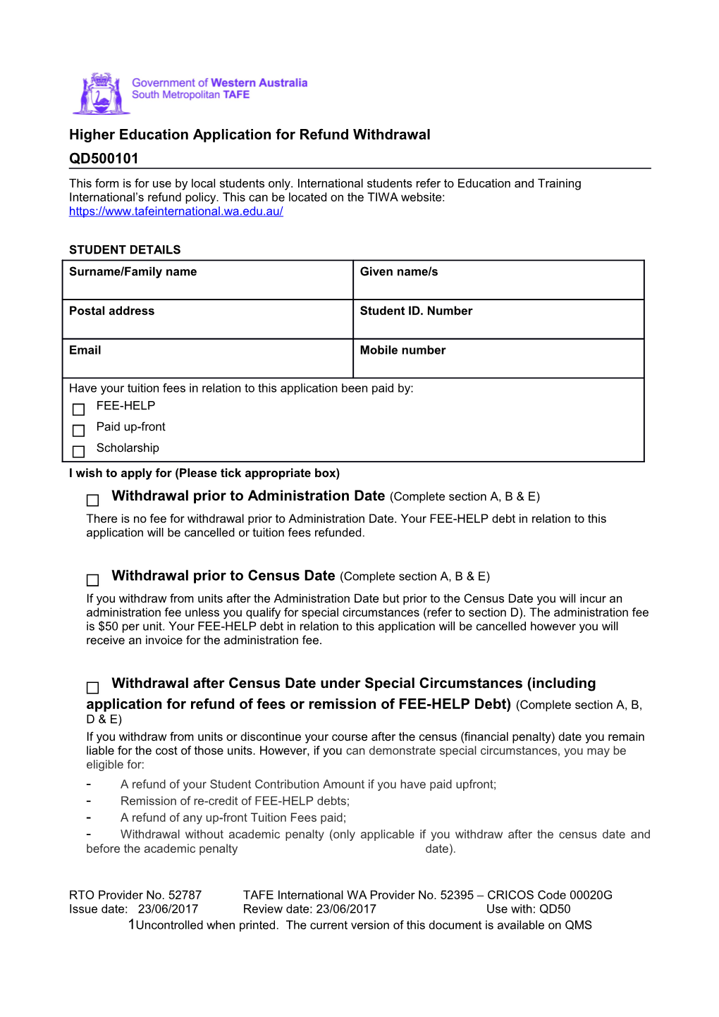 Higher Education Application for Refund Withdrawal