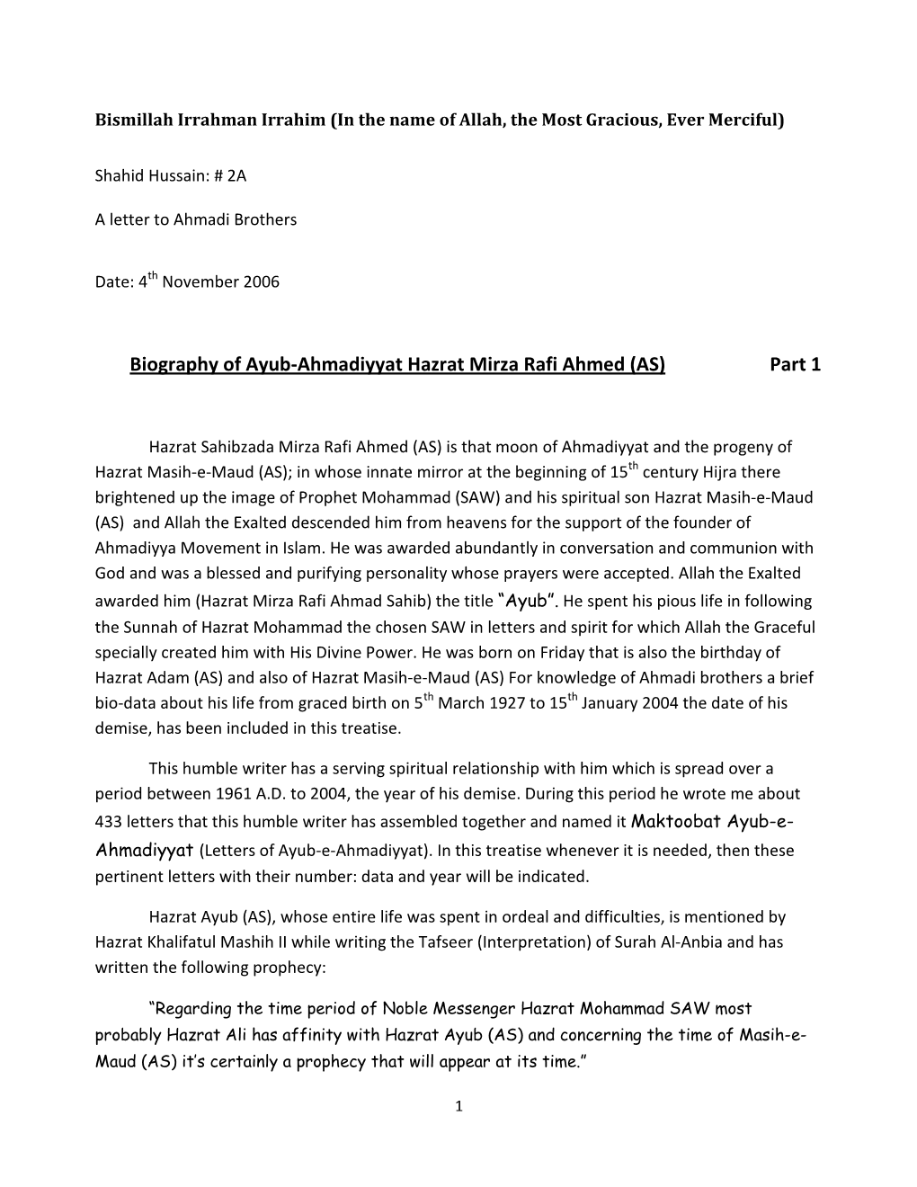 Biography of Ayub-Ahmadiyyat Hazrat Mirza Rafi Ahmed (AS) Part 1