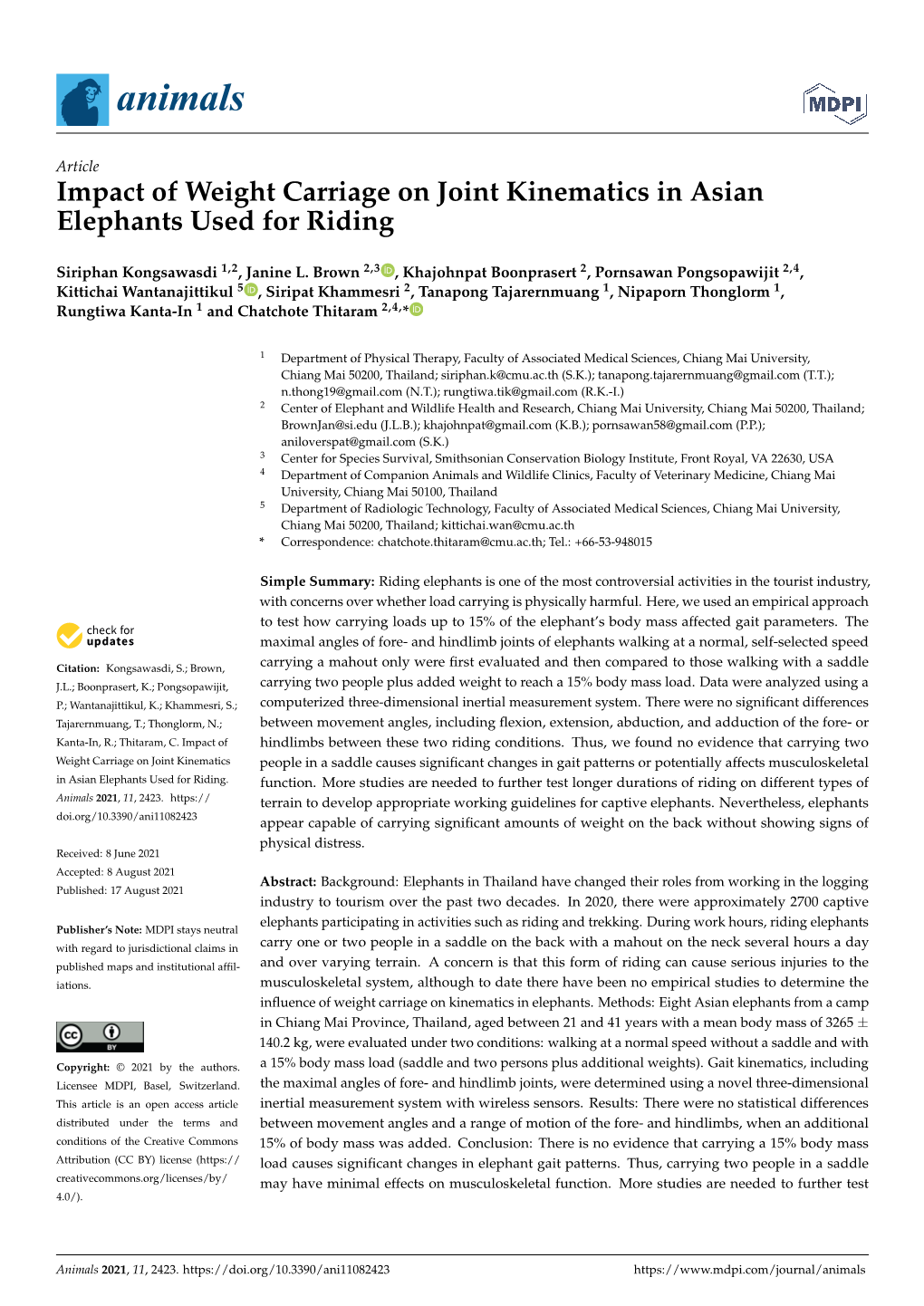 Impact of Weight Carriage on Joint Kinematics in Asian Elephants Used for Riding