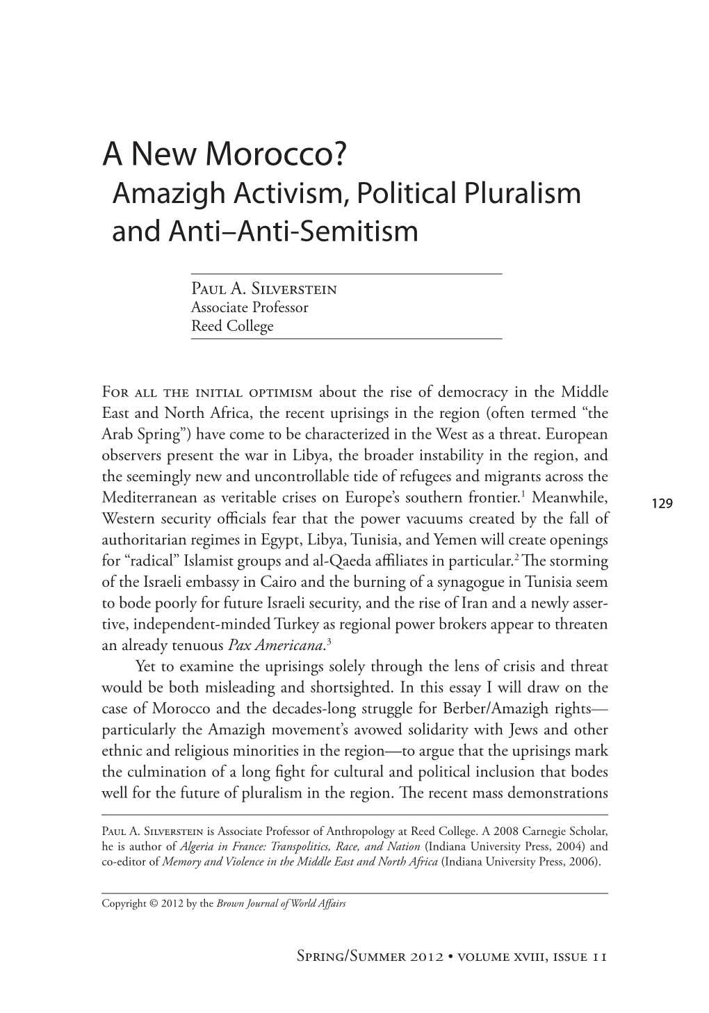 A New Morocco? Amazigh Activism, Political Pluralism and Anti–Anti-Semitism