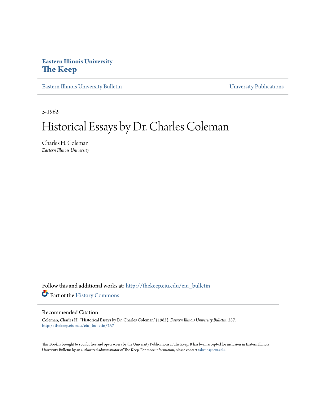 Historical Essays by Dr. Charles Coleman Charles H