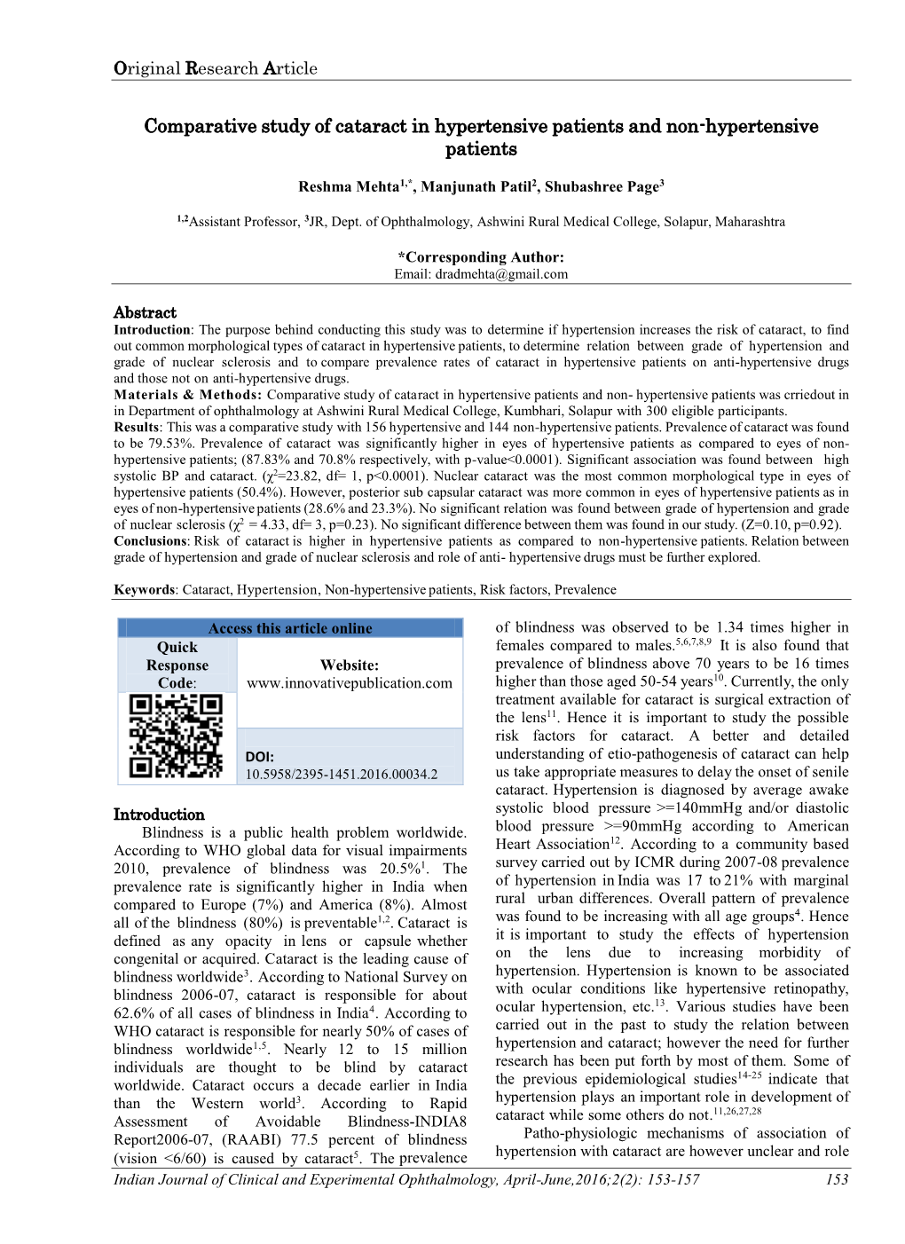 Comparative Study of Cataract in Hypertensive Patients and Non-Hypertensive Patients