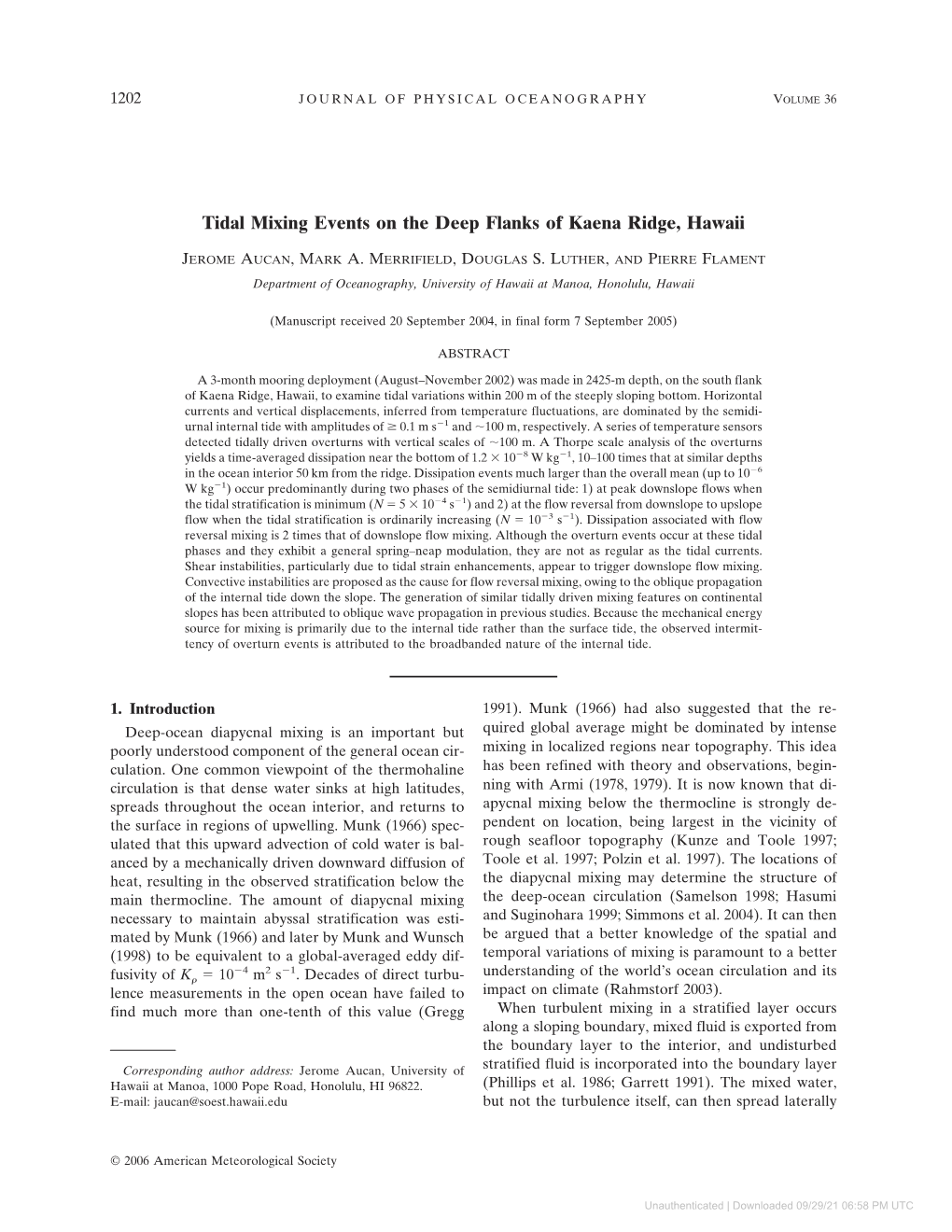 Tidal Mixing Events on the Deep Flanks of Kaena Ridge, Hawaii