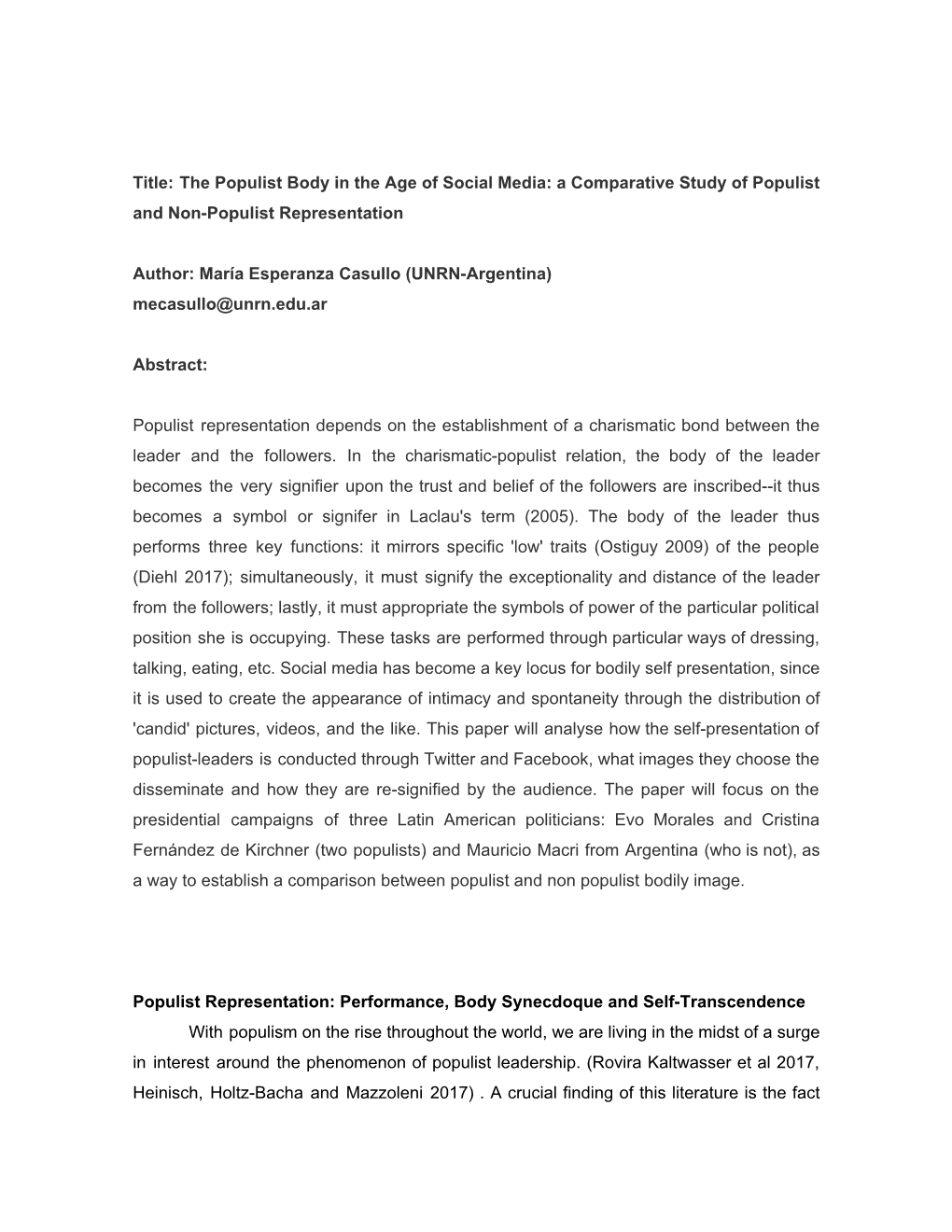 Title: the Populist Body in the Age of Social Media: a Comparative Study of Populist and Non-Populist Representation