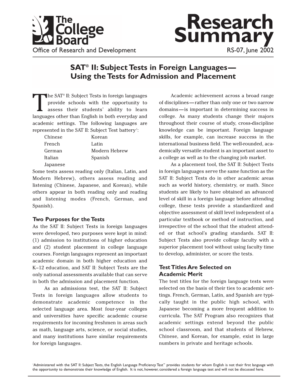 SAT® II: Subject Tests in Foreign Languages— Using the Tests for Admission and Placement