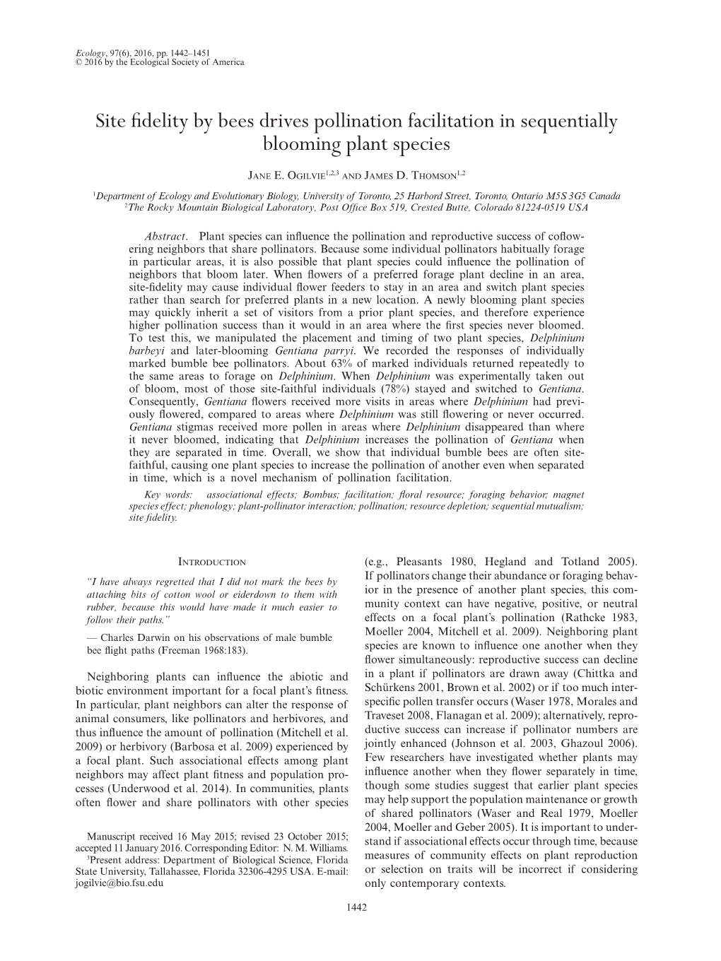 Site Fidelity by Bees Drives Pollination Facilitation in Sequentially Blooming Plant Species