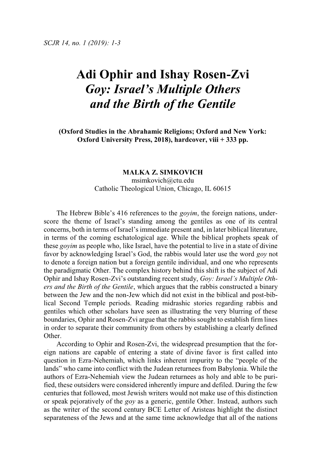 Adi Ophir and Ishay Rosen-Zvi Goy: Israel's Multiple Others and the Birth