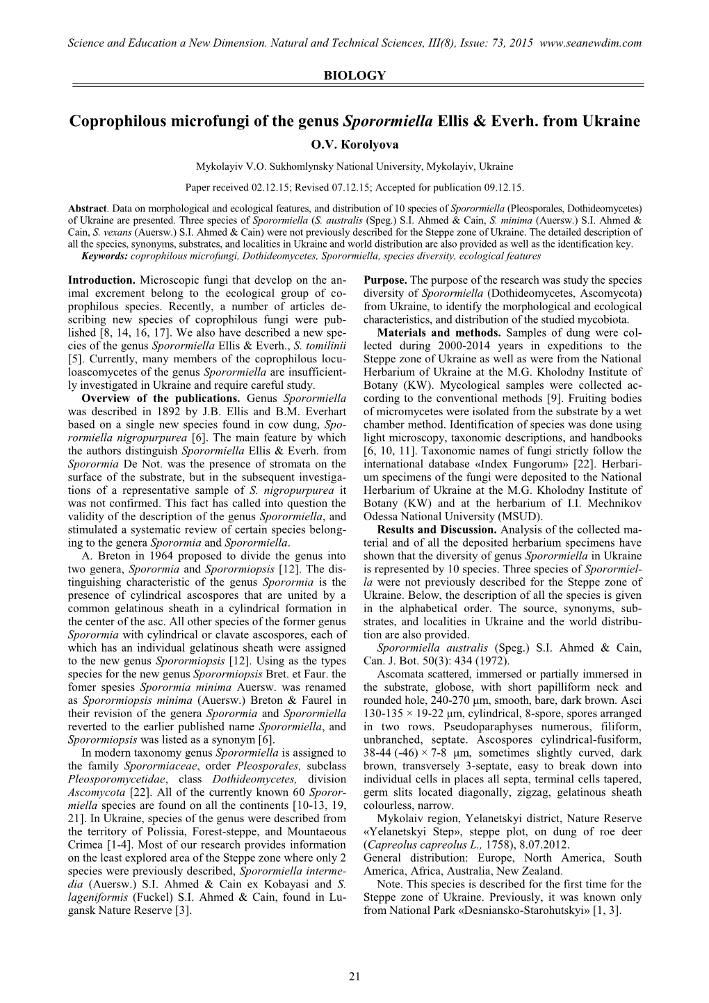 Coprophilous Microfungi of the Genus Sporormiella Ellis & Everh. From