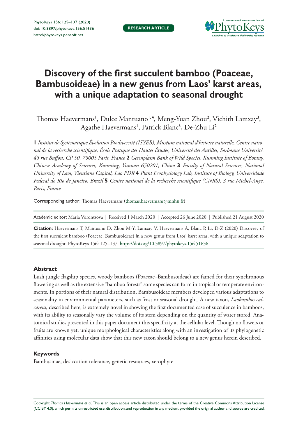 Poaceae, Bambusoideae) in a New Genus from Laos’ Karst Areas, with a Unique Adaptation to Seasonal Drought