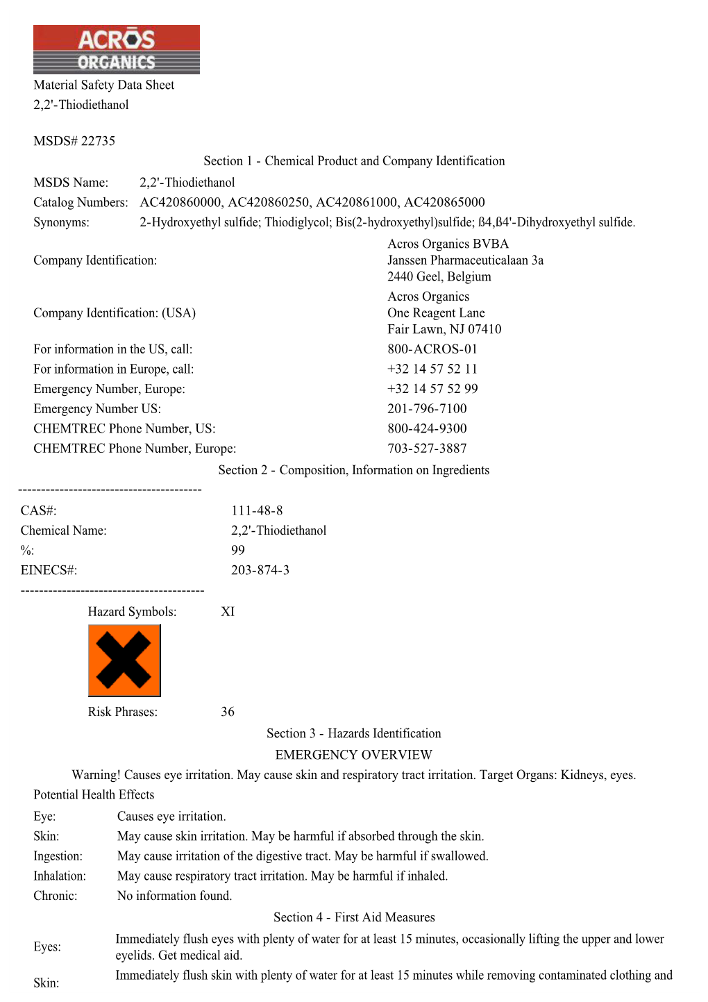 Thiodiethanol MSDS# 22735 Section 1