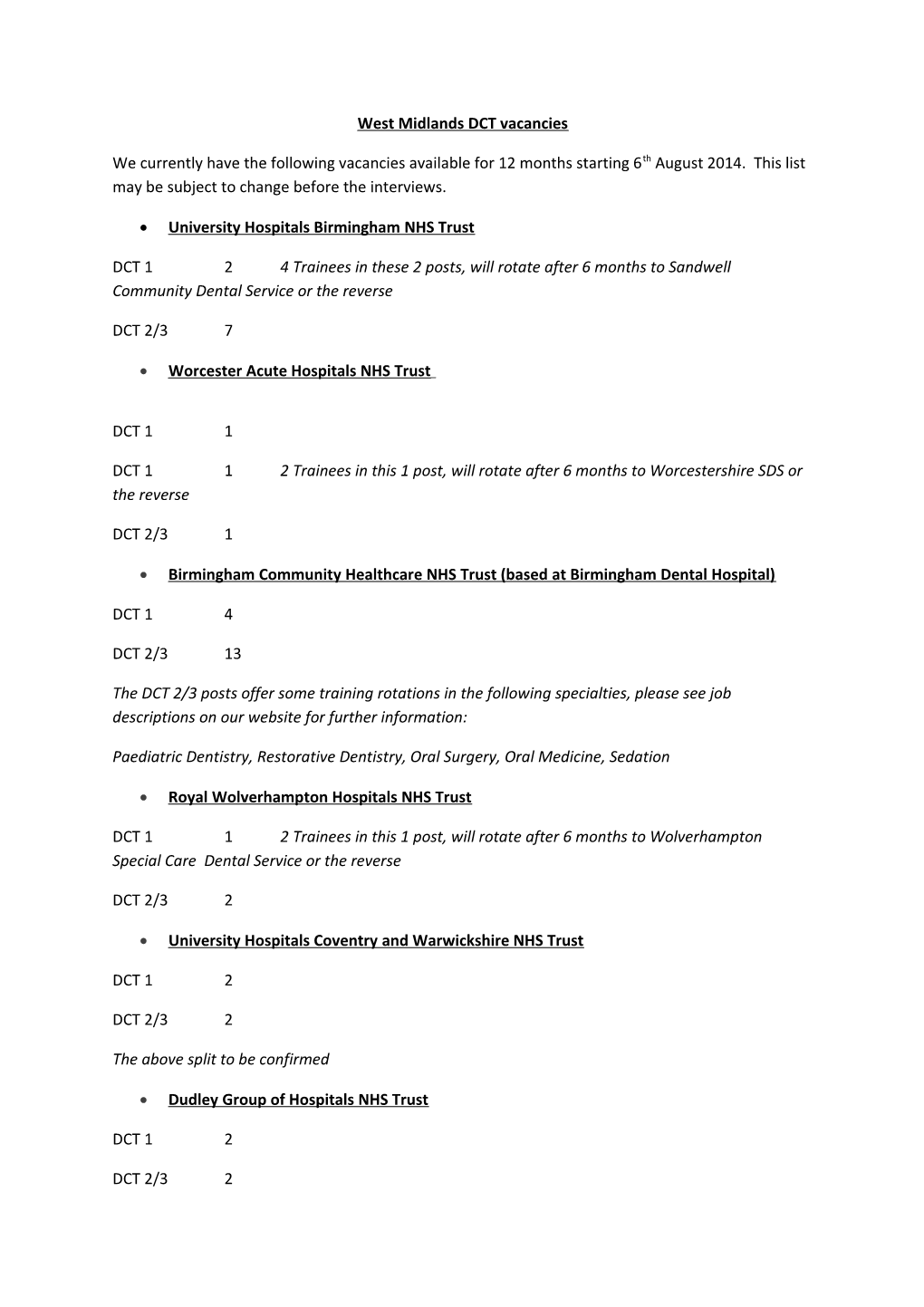 West Midlands DCT Vacancies