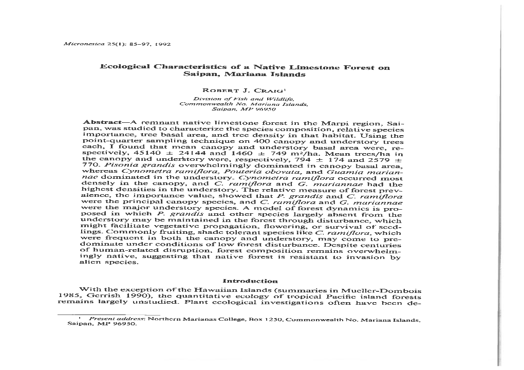 Ecological Characteristics of a Native Limestone Forest on Saipan